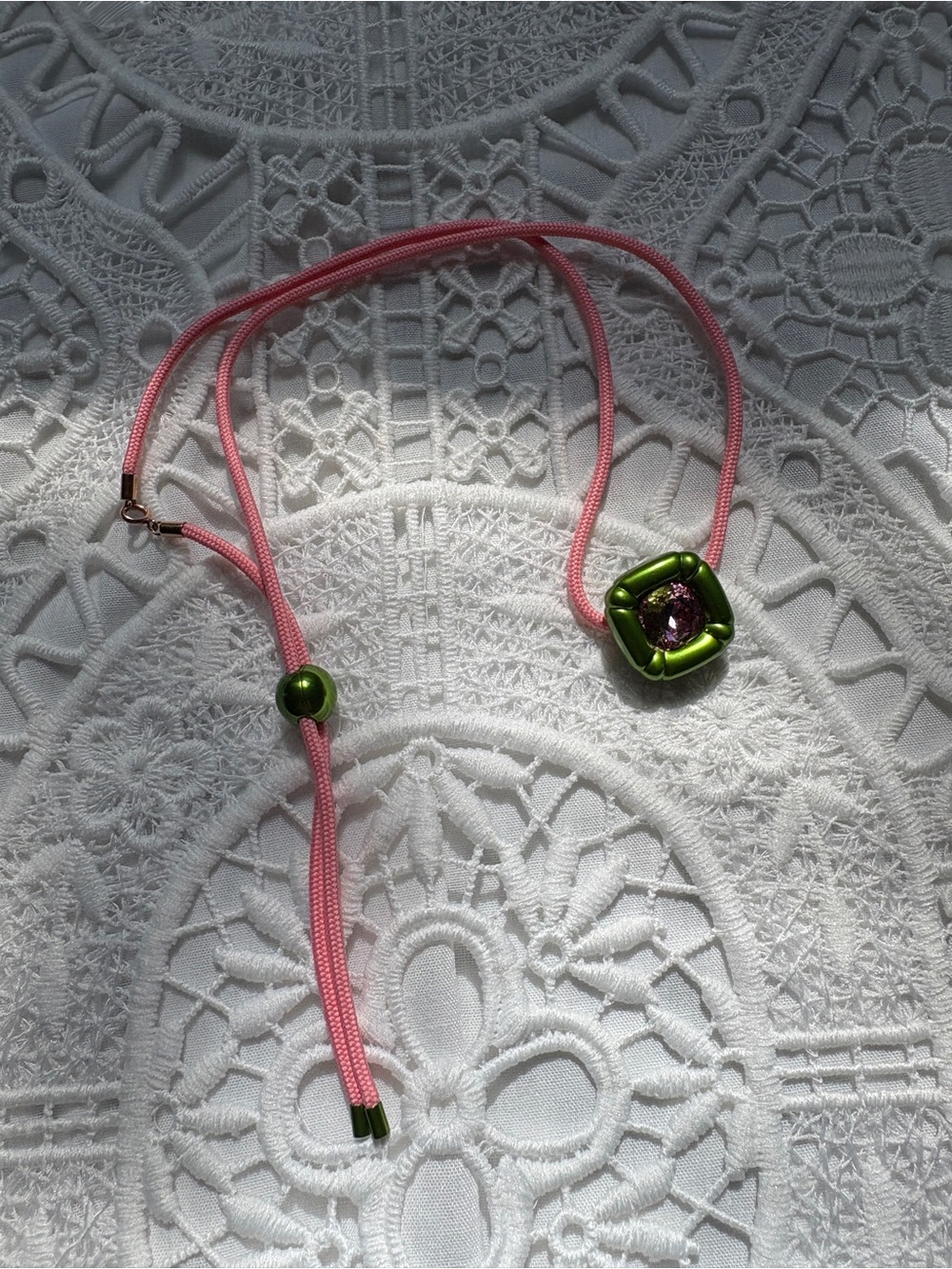 Swarovski Pink Cord Necklace with Green and Purple Crystal Pendant